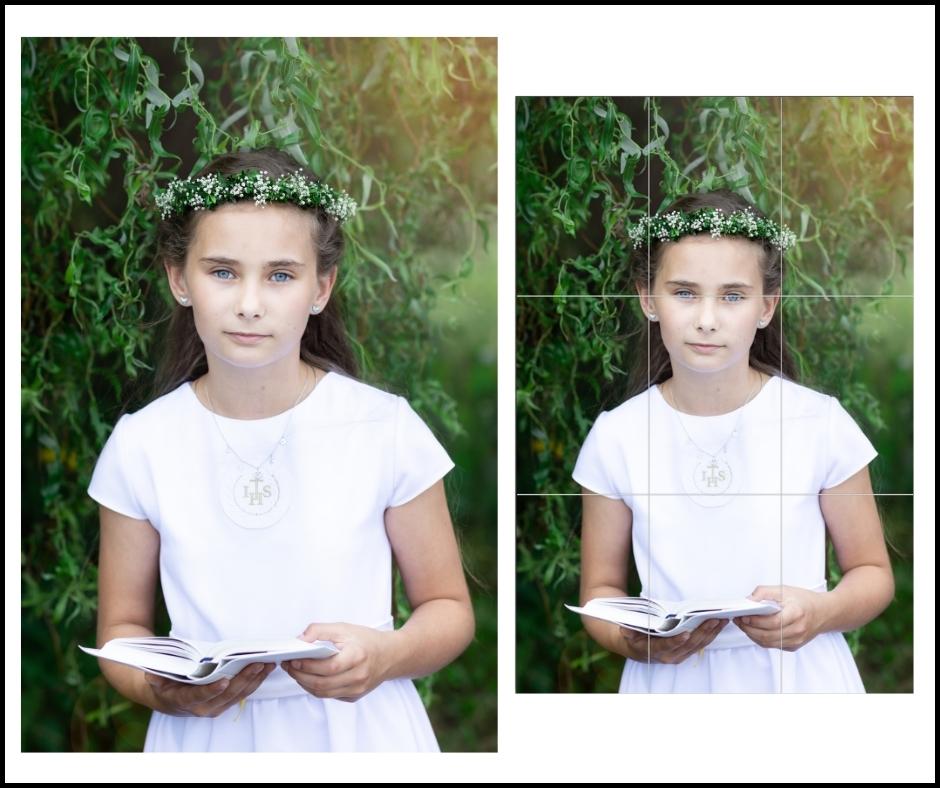 Dziewczynka w sukience komunijnej z wiankiem na głowie i książeczką w ręce